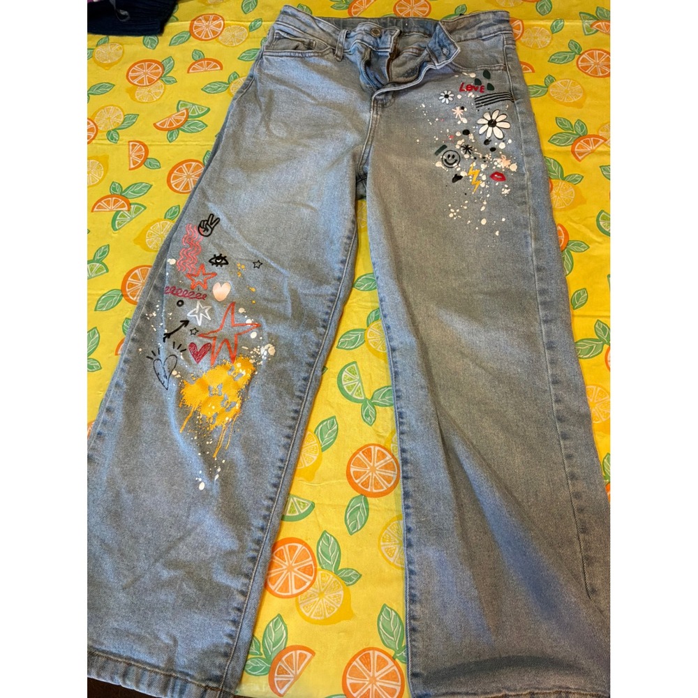 Art class Graphic Print Wide Leg Jeans Girls Size 16 Light Wash Denim